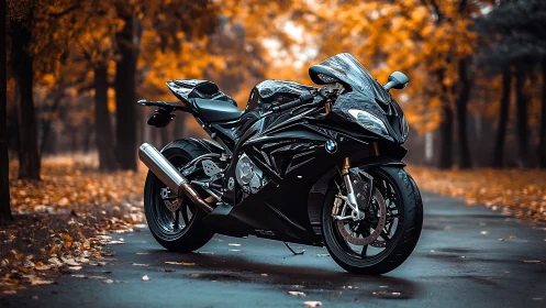 Midnight sport bike resting on a golden autumn roadway.