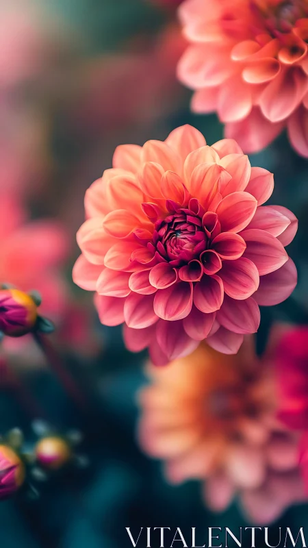 Coral dahlia blooms with layered petals against blurred garden backdrop.