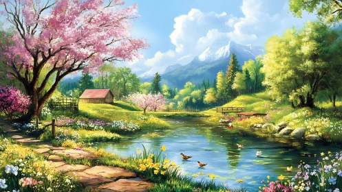 Gentle spring valley welcomes you with blossom, water, and light