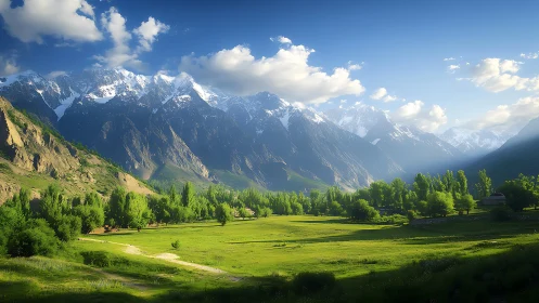 Snowy mountain range above green valley with trees.