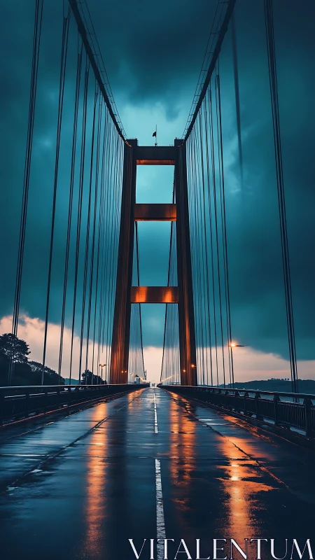 Nocturnal suspension bridge corridor with reflective wet deck.