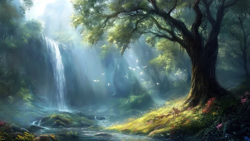Luminous Cascade Through Verdant Ancient Grove.