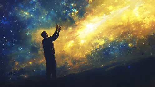 Silhouetted observer reaches toward luminous galactic nebula field