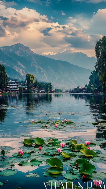 Mountain lake reflects lotus blooms under soft evening clouds