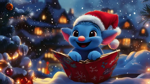 Digital painting of festive blue creature reading in snow.