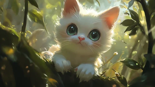 Luminous White Cat in Verdant Garden Setting.