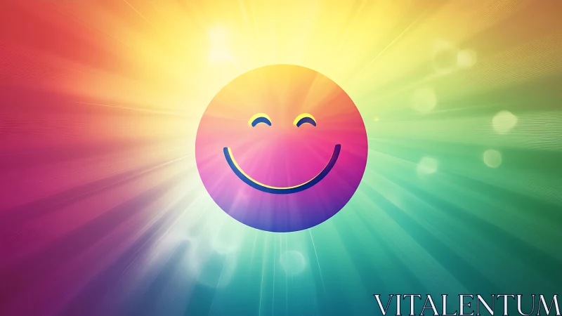 Radiant multicolor smiley icon with luminous sunburst glow.