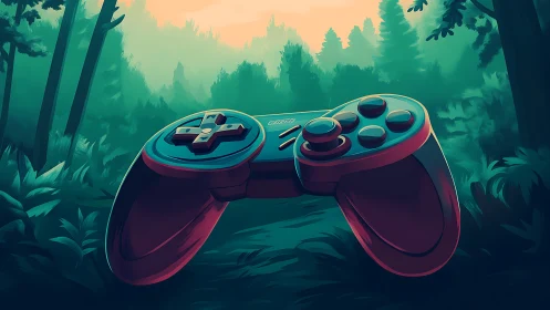 Gaming Controller in Forest: Digital Illustration with Cyberpunk Aesthetic.