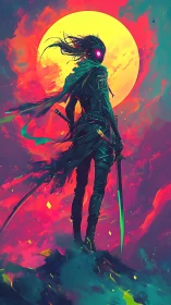 Neon lit warrior silhouette before large stylized sun.