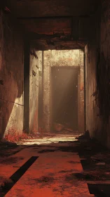 Decayed concrete corridor with red-lit debris and doorway.