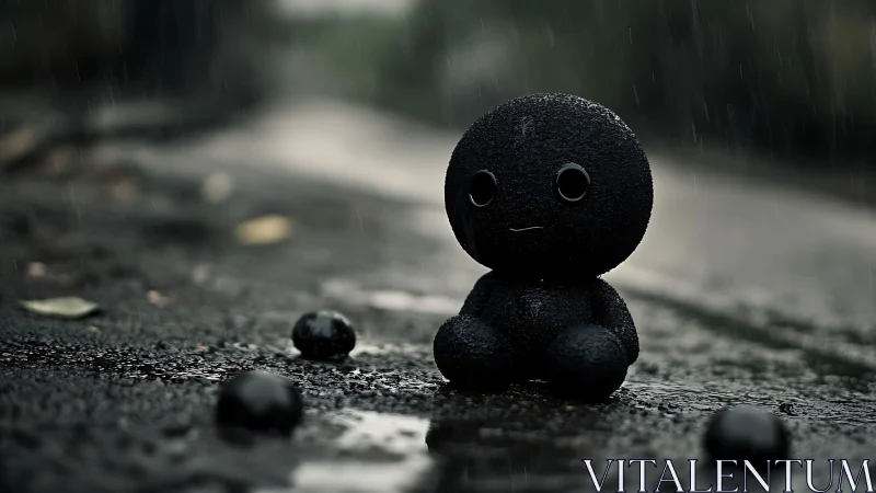 Photoreal rainy street with lonely matte black plush figure.