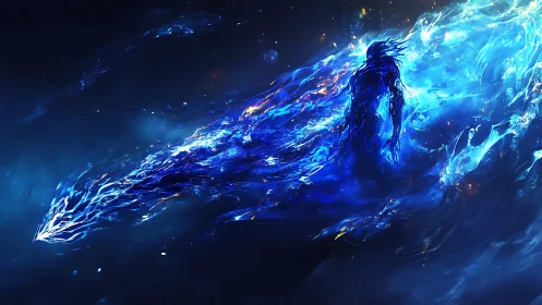 Ethereal blue spirit strides through cosmic energy waves