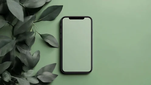 Smartphone rests on green background with leafy decor.