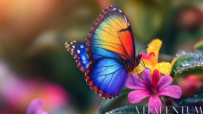 Radiant rainbow butterfly pauses gently on bright garden blooms