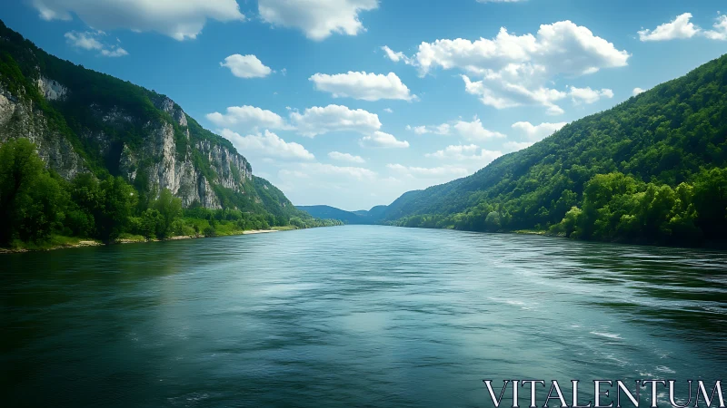 River mirror slides between emerald cliffs under summer clouds