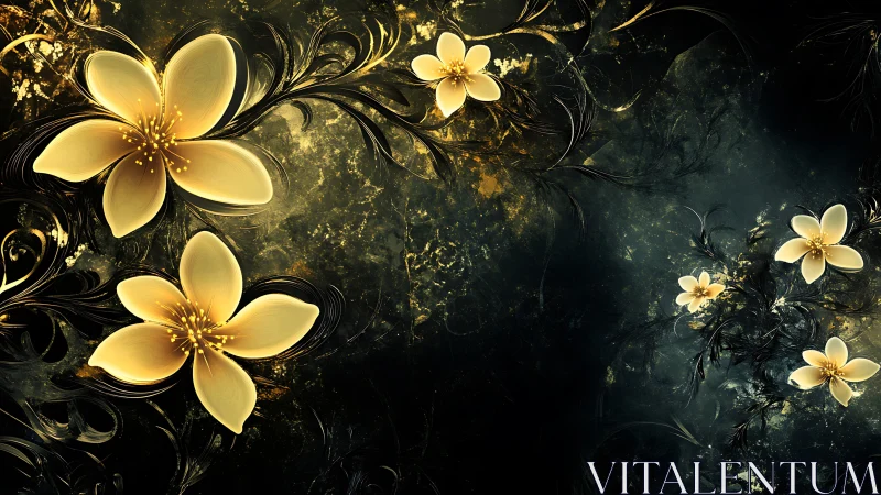 Golden luminous flowers on dark abstract swirling background.