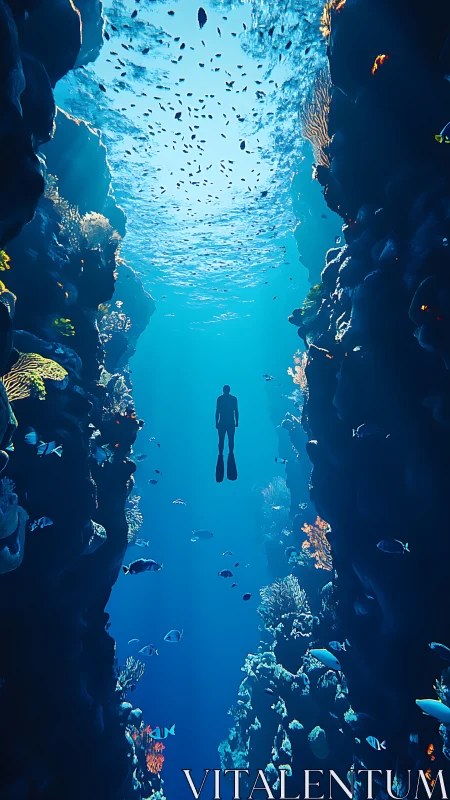 Solitary diver drifts between towering coral walls in blue calm