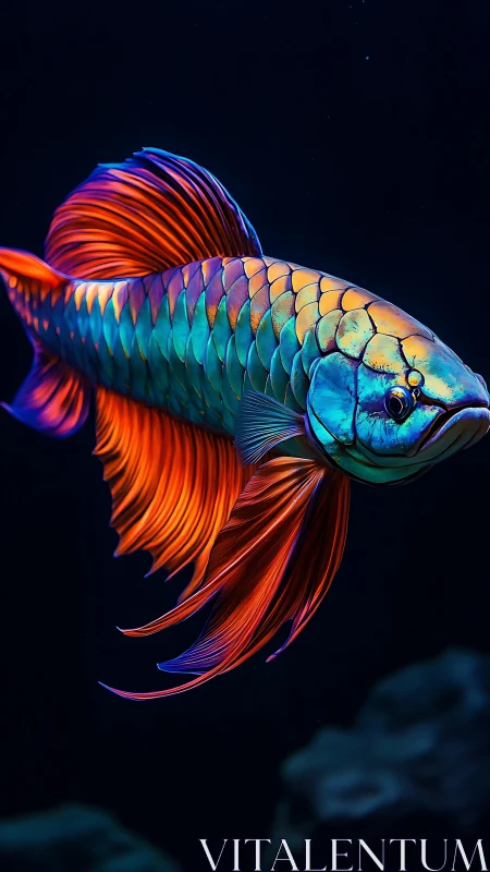 Vibrant arowana fish glows with neon metallic scales.