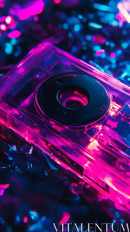 Transparent cassette tape glows under neon pink and blue light
