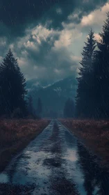 Wet road through coniferous forest under rain with mountain backdrop