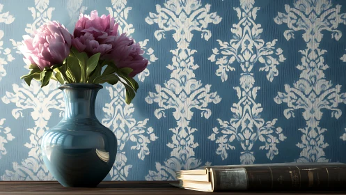 Pink flowers in teal vase beside closed books on table.