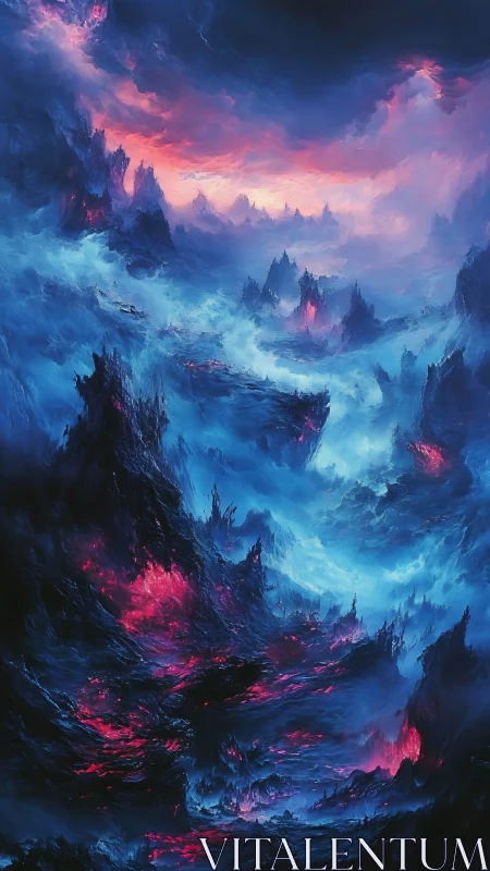 Volcanic nebula chasm under bioluminescent stormfront sky.