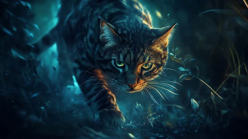 Moonlit stalker cat prowling through a neon-tinted forest path.