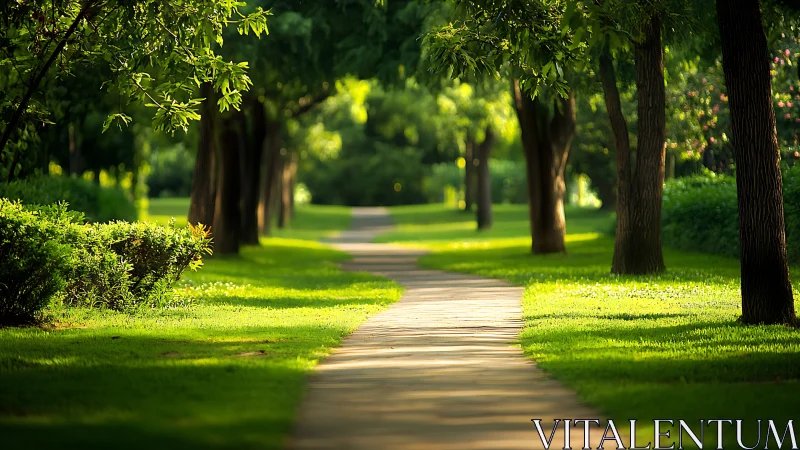 Paved park pathway extends through evenly spaced green trees