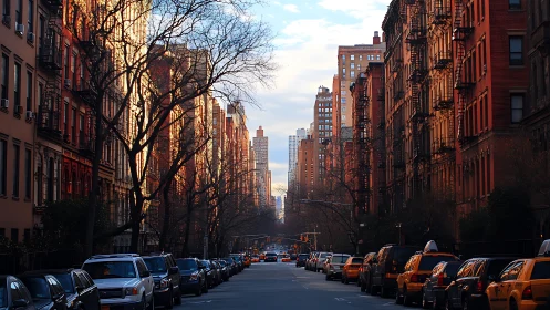Sunlit brownstones cradle a quiet Manhattan street canyon.