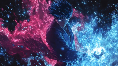 Anime warrior commands twin blue and crimson energy torrents.