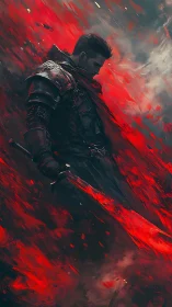 Digital painting of solitary dark knight in red kinetic storm.
