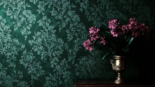 Velvet wallpaper ballroom hosting a lone gilded bouquet.