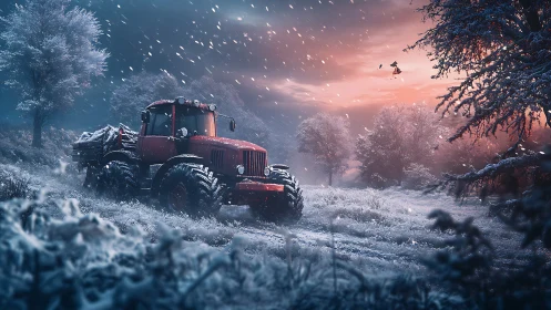 Winter tractor waits quietly beneath a glowing pink sunrise