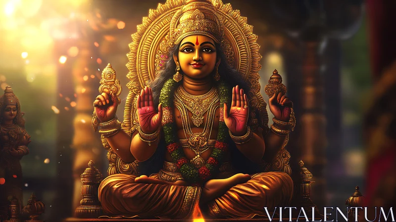 Hindu goddess statue in ornate golden temple setting.