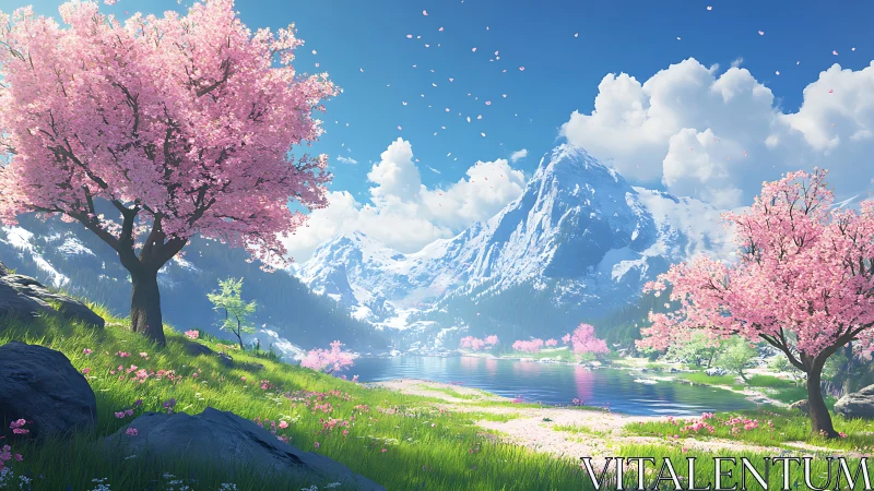 Spring blossoms by the crystal lake beneath snowy peaks.