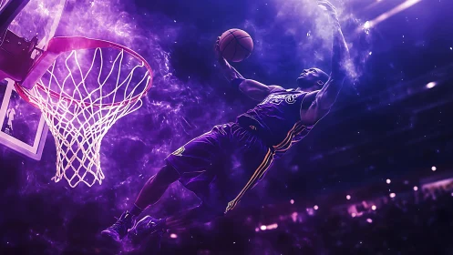 Cosmic slam dunker soaring through ultraviolet arena haze.