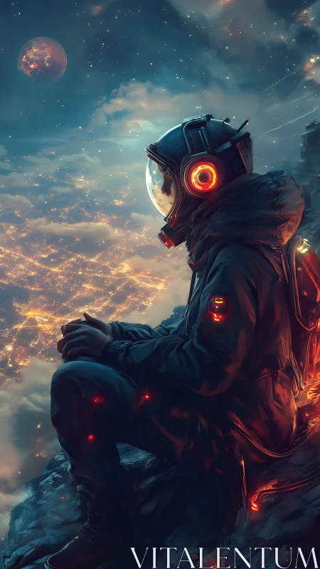 Starry night wanderer pausing above a glowing cloud world.