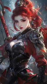Red haired fantasy warrior in ornate black armor portrait.