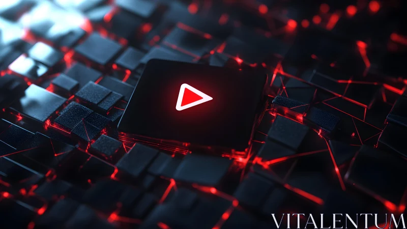 Futuristic Play Button on Glowing Digital Grid, 3D Neon Style.