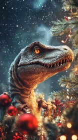 Realistic dinosaur head beside decorated Christmas tree.