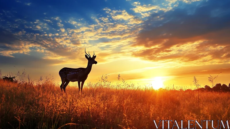 Silhouetted deer in glowing sunset grassland horizon.