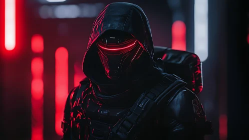 Hooded cyber soldier with red visor in dark corridor.