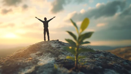 Silhouette on hilltop beside growing plant at sunrise.