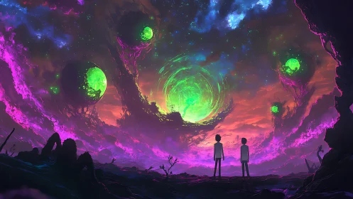 Bioluminescent vortex sky with silhouetted observers at horizon.