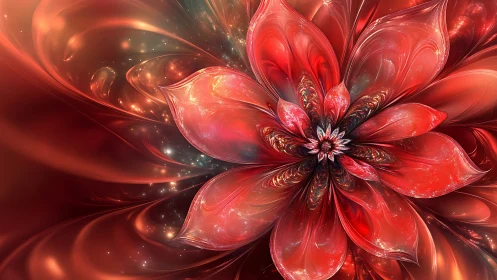 Digital red fractal flower with layered translucent petals.