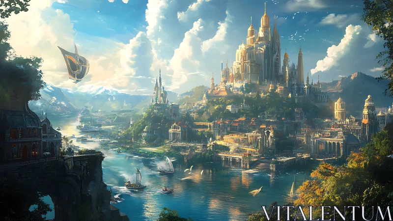 Golden spired fantasy city rises above a wide river valley