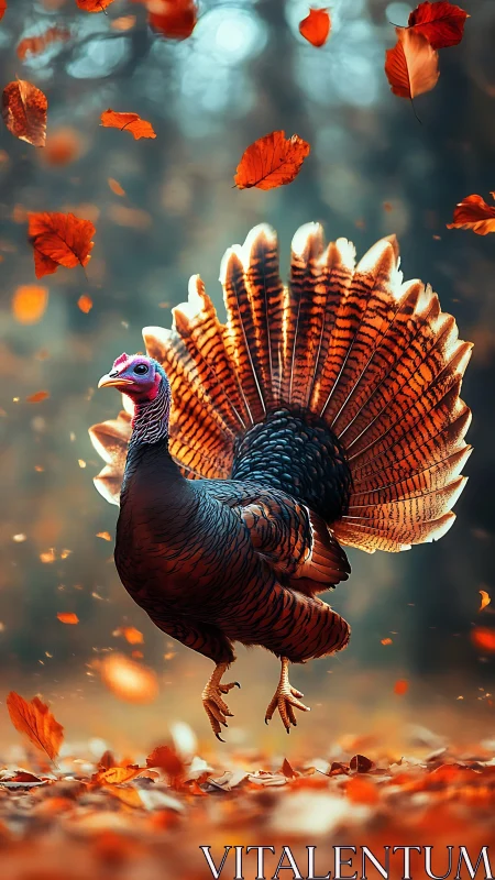 Wild turkey in autumn forest with falling orange leaves.