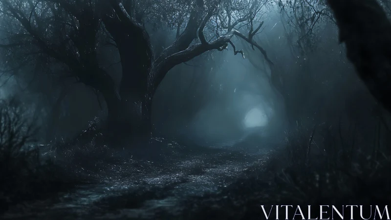 Midnight path winding through eerie misted forest gloom.