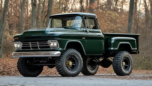 Photorealistic classic lifted pickup truck in autumn forest setting.