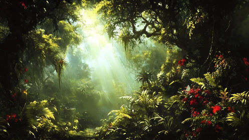 Luminescent Jungle Canopy With Crepuscular Light Rays